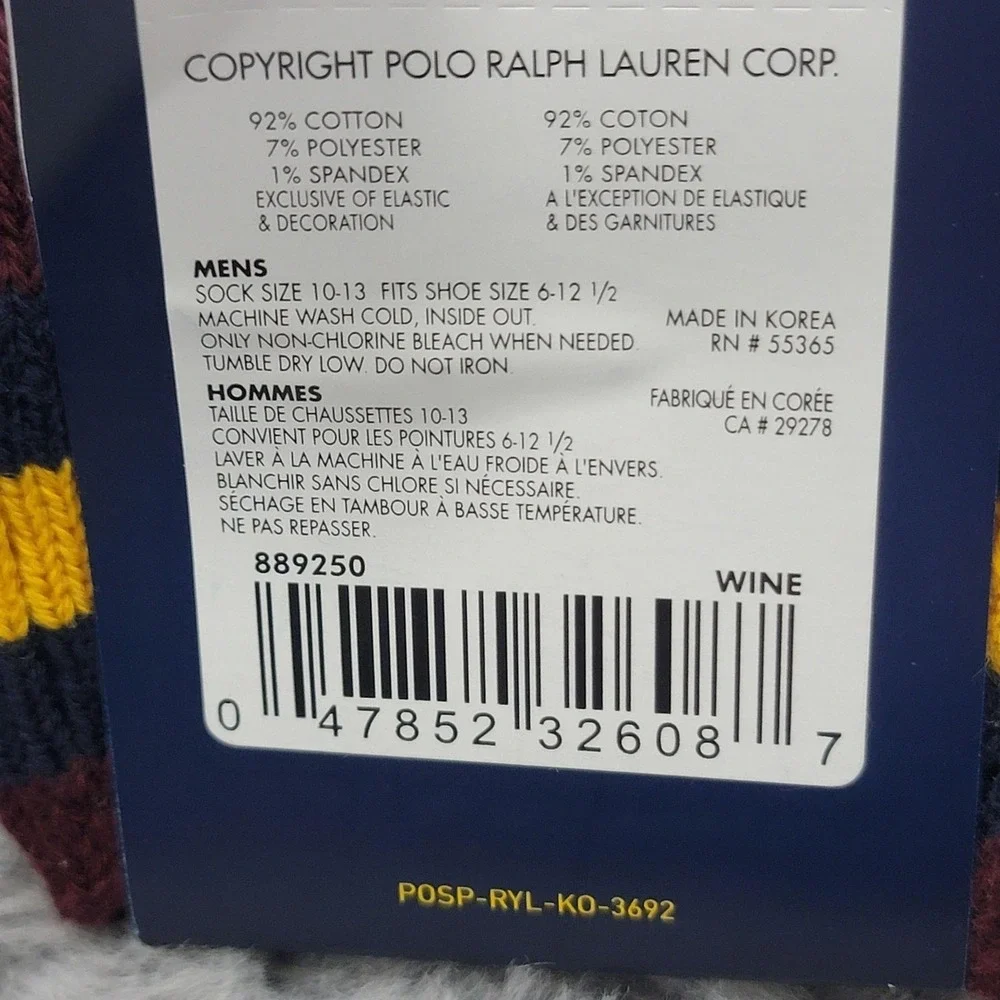 Polo Ralph Lauren Socks Mens 10-13 Burgundy Red Striped Cable Knit Crew Pony